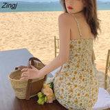 Women Sexy V-neck Floral Summer Holiday Fashion Korean Style Slim A-line Beach Wear Harajuku Sleeveless Side-slit