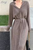 Sweater Knitted Dress for Women Brief V-neck Warm Drawstring Lace-up Loose Midi Female Maxi Dress Autumn Winter