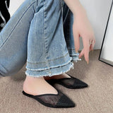 The Summer Of 2025, The New Net Red Pointed Flat Sandals Lazy Half-Dragging Fairy Wind Bag Head Net Black Slippers