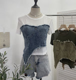 Solid Shooting Denim Splicing Mesh Yarn Short-Sleeved T-Shirt Summer Dress Irregularly Short High-Waist Repair Body Coat