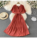 New V-Neck Short-Sleeved Dress Over Knee-Repaired Lady's Waist Tie Mid-Slap