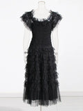 French Elegant Wind And Wood Ear Design Shoulder Dress 2025 Summer New Mesh Wave Dot Long Dress