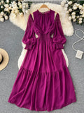 Vintage Purple/Green/Orange Women Draped Long Dress Elegant Ruffle Collar Hollow Out High Waist A-Line Vestidos