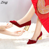 Red Velvet Pearls Pumps Woman Sexy Pointed Toe Thin High Heels Party Wedding Shoes Women Spring 2023 Zapatos