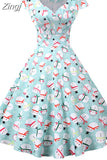 Print Vintage Christmas Dress Women Winter Big Swing Elegant Short Sleeve V Neck Sexy New Year Party