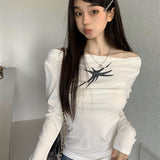 Word Shoulder Gray Print Long-Sleeved T-Shirt Women's Autumn Pure Hot Girl Chicly Bare Shoulder Bottom