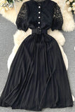 Women Hollow Out Lace Patchwork Pleated Long Dress Elegant Embroidery Short Puff Sleeve Single Breasted Maxi Vestidos