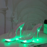 Zingj 34-43 Sexy Super High Heels Luminous Thin Heel Waterproof Platform Sandal Transparent Model Crystal Shoes Wedding