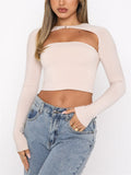 Women Long Sleeve Cutout Tees Crop Tops Casual Fashion Solid Color Backless Slim Fit Short T-shirts Female Base