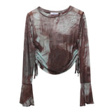 Not Sultry Hot Tie Dye Net Yarn Long-Sleeved T-Shirt Drawstring Tethered With Short-Sized T-Shirt Horn Sleeve Top