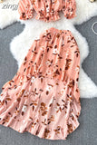 Bohemian Floral Printed Sets Women Sexy Slash Neck Short Tops + High Waist Ruffle Irregular Skirt Suit Female New