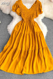 Women Vintage Draped Midi Dress Elegant Purple/Yellow/Red V-Neck Short Sleeve High Waist A-Line Big Swing Vestidos
