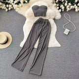 Zingj Strapless Short Top High Waist Casual Loose Wide Leg