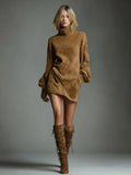 High-End Women's Retro Collar Imitation Leather Short Dress Autumn And Winter New Long-Sleeved Short
