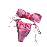 2024 New Solid-Colored Rose Breast Drawstring Strap Split Swimsuit
