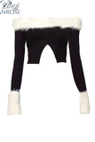Slash Neck Women Split Sweaters Plush Patchwork Autumn Winter Slim Sexy Pull Femme Basic Solid Korean Fashion Knitwear