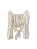 New Women Simple Cropped Tops Pleated Slim Sexy Female Long Puff Sleeve Bandage Bow Square Collar Vintage All-match