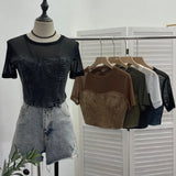 Summer Denim Splicing Mesh Yarn Short-Sleeved T-Shirt Design Fake Two Hot Girl Short Top