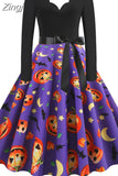 Women Christmas Dress Winter Long Sleeve V Neck Pumpkin Print Halloween Costume Party Dresses Casual Vintage S~3XL