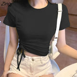 Sleeve T-shirts Fashion Casual Ulzzang Shirring Crop Tops Summer Sweet Elegant All-match Футболка Женский Chic New
