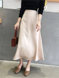 Women Elegant Office Lady Quality Glossy Satin Skirt Plain Shiny Fashion Solid High Waist Female