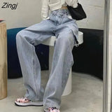 Women Hole Asymmetrical Denim Cool Girls Fashion Ulzzang Chic High Waist Washed Pocket Vintage Stylish All-match