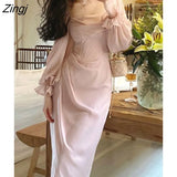 Autumn Solid Elegant Fairy Dresses Women Casual Party Fashion Korean One Piece Dress Female Lace Vintage Chic Midi