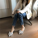 New Spring Slippers Women's Korean-Style Pointed Polka Dot Bow Stiletto Mid-Heel Low Heel Slippers Polka Dot Half