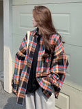 Harajuku Retro Women Oversize Plaid Shirt Spring Korean Turn Down Collar Button Long Blouse Female Long Sleeve
