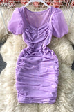 Sexy Mesh Draped Bodycon Dress Women Elegant Square Collar Short Puff Sleeve Pleated Vestidos Female