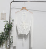 Han Shied Bare Back Drawstring Blouse Woman Summer Small Casual Wear Thin Hoodie Short-Sleeved T-Shirt