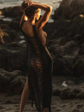 Knitted Sexy Tank Dresses Women Sleeveless Tassels V Neck Hollow Out Party Maxi Dress Female Side Slit Straight