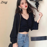Women Summer Black White Holiday Girls Elegant Long Sleeve V-neck Folds Female Crop Top Street Daily Simple Slim