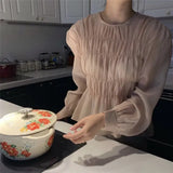 Spring Blusa O-Neck Puff Long Sleeve Blouse Korean Ins Solid Pleated Design Perspective Summer Shirt Fashion Clothing