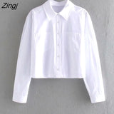 Women Simply Solid Color Double Pockets Patch Short Shirts Office Lady Long Sleeve Blouse Roupas Chic Chemise Tops