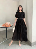Familiar With The Style Of Temperament Short-Sleeved Round Collar To Close The Waist Thin Cake Dress Dress Dress