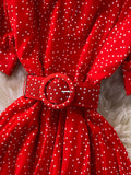 Vintage Polka Dot Pleated Long Dress Women Blue/Red/Purple Draped Vestidos Casual Female High Waist Big Swing Robe