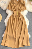 Vintage Women Midi Dress Elegant Pink/Orange/Green Polo Collar Short Sleeve High Waist A-Line Vestidos Female New