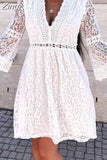 Women Elegant Floral Lace Long Sleeve Dress See Through V-neck Solid Color High Waist Hollow Out Party Dress Female Vestidos