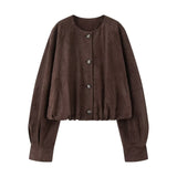 Women's Clothing 2025 Autumn Round-Neck Long-Sleeved PU Single-Button Jacket Jacket Women