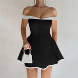 Black Flare White Off-shoulder Mini Dress-Outfit