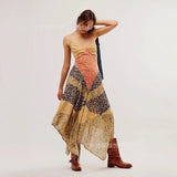 Women Print Color V Tie Sling Irregular Dress