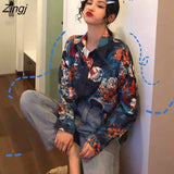 Shirts Women Long Sleeve Print Ulzzang Cat Turn-down Collar Students Designed Womens Korean Style with Buttons