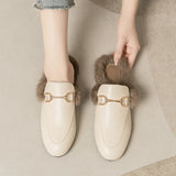 Half Slippers Woman 2025 Winter Real Rabbit Hair Round Head Lazy Man One Foot Outside Wearing Flat-Soled Muller Shoes Large-Size