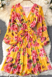 Women Floral Draped Mini Dress Bohemian Female V-Neck Puff Long Sleeve High Waist Bandage Pleated Vestido Female Robe