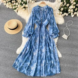 Senior Sense Women's Elegant Print French Dress To The Waist Thin Bubble Sleeve Super Fairy Large Swing