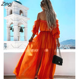 Long Dress Women Off Shoulder Chiffon Dress Lace-up Solid Color Ruffle Beachwear