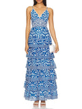 Spring 2025 New Fashion Sexy Blue Print V-Necked Leaf Side Design Sense Of The Body Of The Sling
