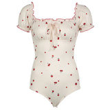 Desire Atmosphere Feeling Cherry Printed Wood Ear Splicing Swimming Suit Square Collar Back Dewy Back Design Sexual Bubble Sleeve