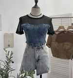 Summer Denim Splicing Mesh Yarn Short-Sleeved T-Shirt Design Fake Two Hot Girl Short Top